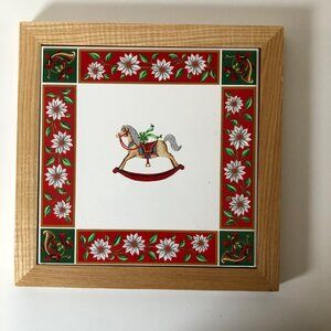 Kobe Charlton Hall Square Tile Wood Frame Trivet Rocking Horse Christmas Retired